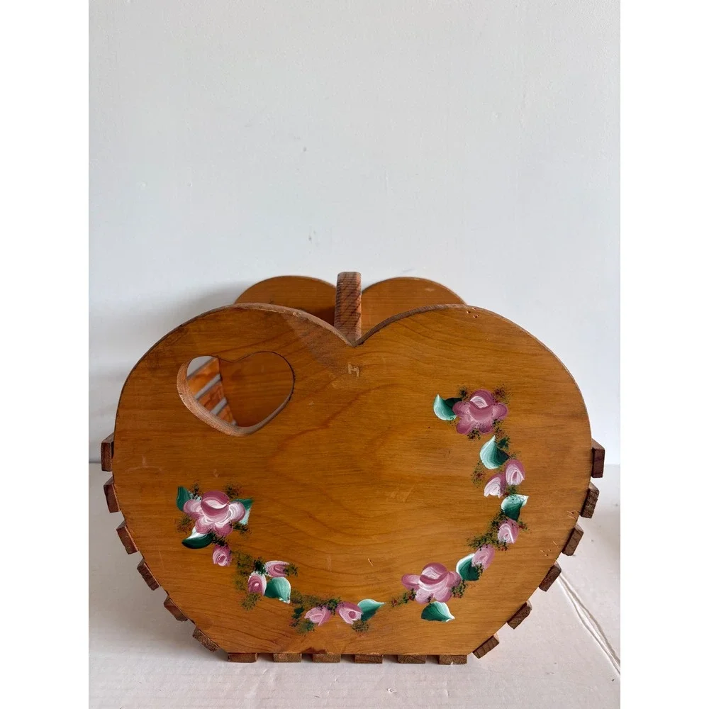 The Rose Peddler Wooden Basket Hand Painted Floral Heart Cutout Cottagecore boho